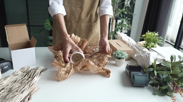 Asian business owner packaging with eco bubble wrap