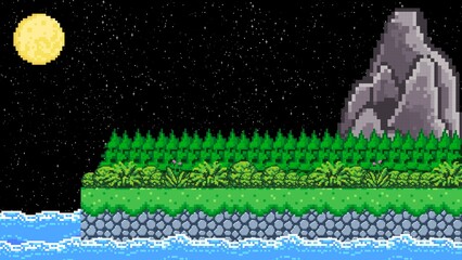 Pixel Art 2D Video Game Background with Night Landscape Mountain Full Moon Trees and Sea