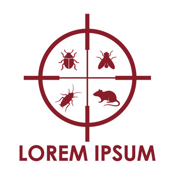 Red pest control logo with bug fly beetle and mouse in crosshair target icon