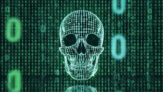 Human face formed from falling green binary code matrix.