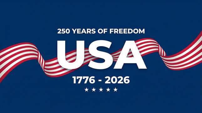 USA 250 Years of Freedom Independence Day Banner with Patriotic Waving Flag Ribbon on Solid Blue Background
