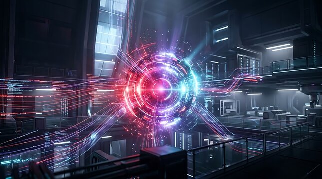 Vibrant neon lights swirl around a futuristic interior scene with technology and architecture.