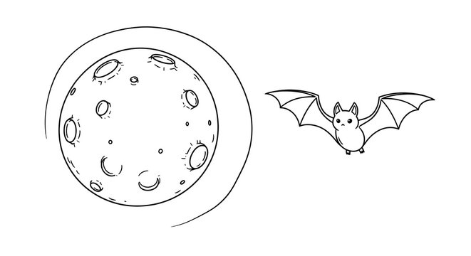 Line art illustration of a full moon and a cute flying bat