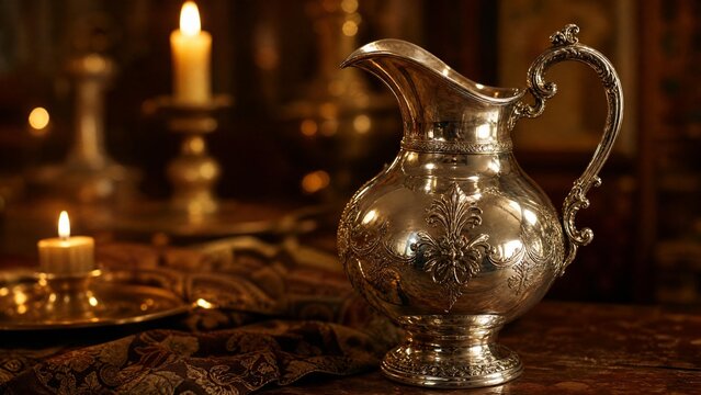 flagon. Ornate silver flagon reflecting candlelight with slight tilt, warm golden tones. bar promotions, beverage menus, designed for food & beverage menus and cafe branding.