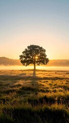 Fototapeta premium Solitary Tree Bathed in Golden Sunrise Light Over Misty Meadow.