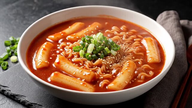 Korean rabokki spicy ramen noodles and rice cakes in bowl.