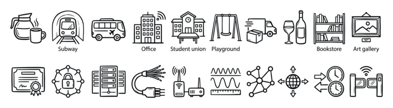 Set of hand drawn icons representing public places, transportation, education, communication, technology, and security for infographics, presentations, and web design.