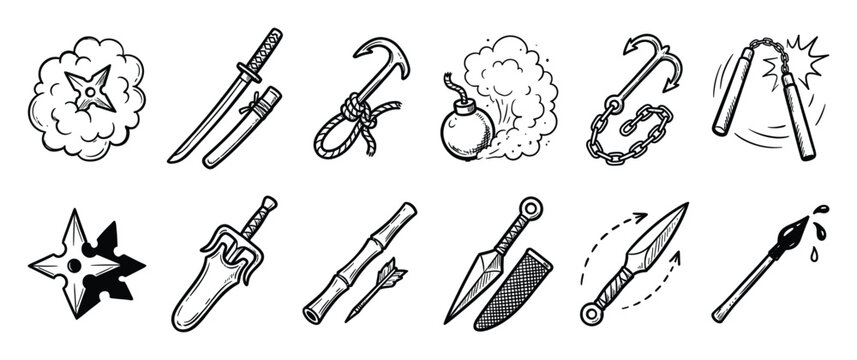 Set of hand drawn ninja weapon icons including shuriken katana nunchaku kunai and other stealth tools for martial arts or gaming applications