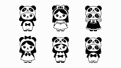Obraz premium Cute Kawaii Panda Girl Characters Set