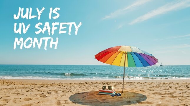 Colorful beach umbrella on sunny sandy shore