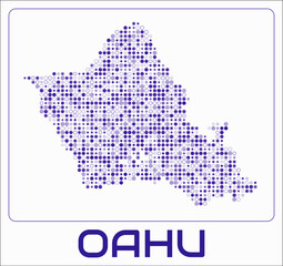Obraz premium Oahu digital style map. Small circle dots on white background. Dotted shape of the island. Oahu map and title. Modern vector illustration.