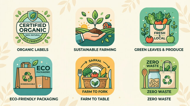 Sustainable food icons for eco friendly practices