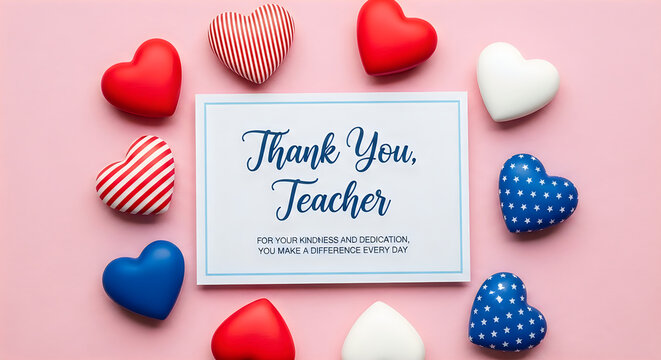 Red hearts and thank you card for teacher appreciation on a pink background