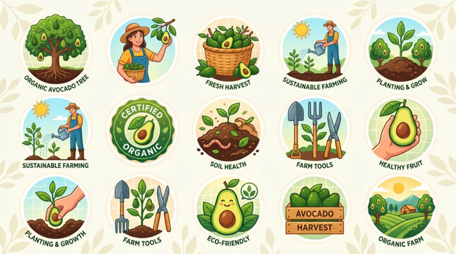Organic avocado farming icons set for sustainable agriculture