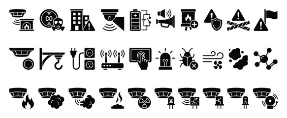 Obraz premium Set of safety monitoring and alarm system icons for smart home security applications and environmental hazard detection technology in buildings
