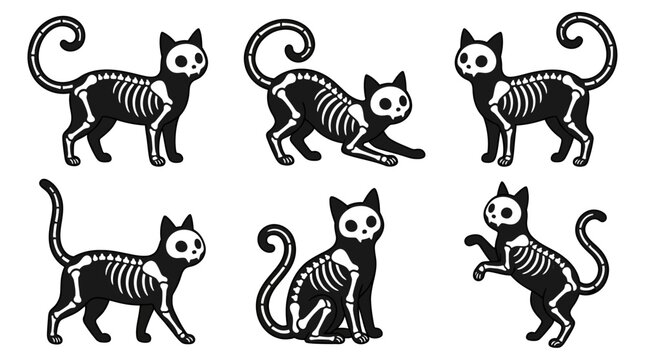Six cartoon black cats depicted as skeletons with white bone details shown in various playful poses and orientations skeleton cat cat skeleton Halloween cat cartoon cat spooky cat