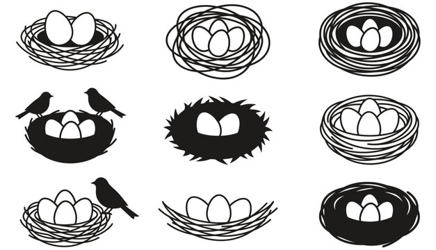 Collection of stylized black and white illustrations depicting various bird nests filled with eggs some with small birds Collection of stylized black and white illustrations depicting