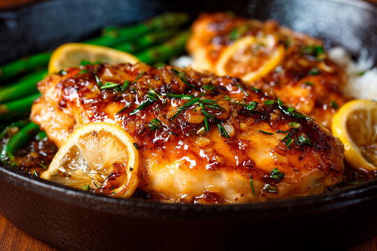Honey lemon garlic chicken breast served on plate with fresh lemon