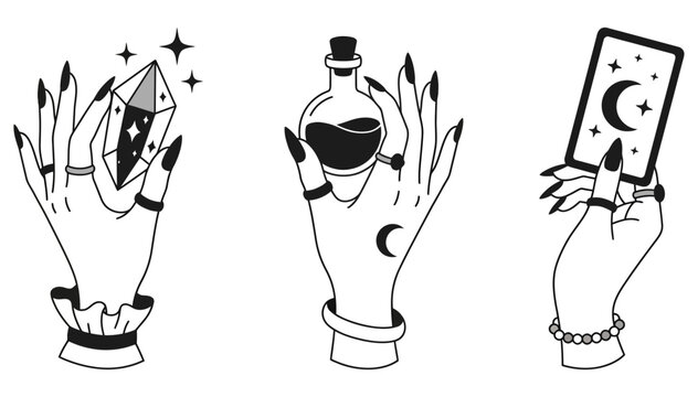 Three elegant hands gracefully hold a sparkling crystal a potion bottle and a mystical tarot card adorned with rings and bracelets conveying magic and fortune witch occult