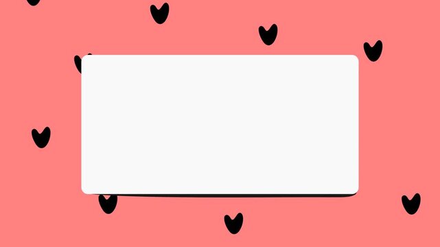 An illustration of a blank white sheet of paper adorned with black heart icons falling downwards, set against a pink background. Suitable for love-themed content.