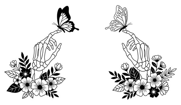 Two skeleton hands delicately holding butterflies with floral arrangements symbolizing life and death intertwined butterfly flowers leaves black and white gothic macabre nature