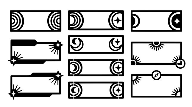 Black outline UI text frames and border panels vector collection featuring sun, moon, and star icons for day and night mode web design layouts
