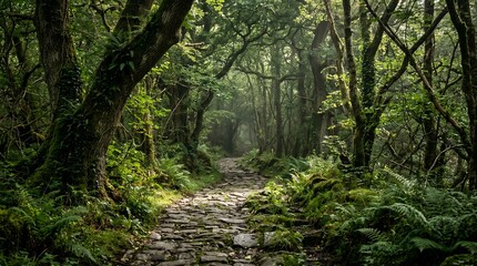 Obraz premium Sunlight filters through a dense green forest onto a stone path.