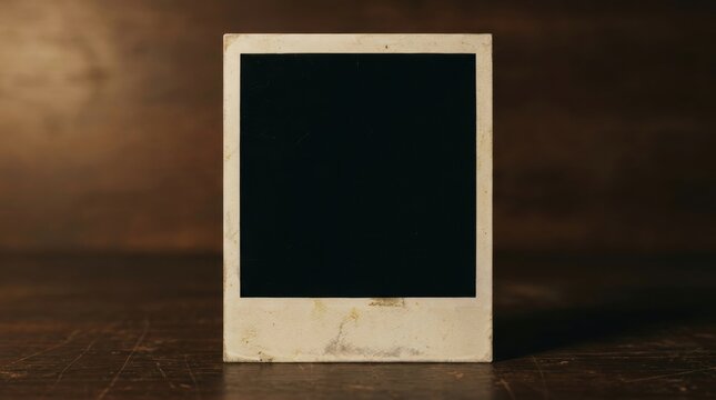 Vintage polaroid photo frame on wooden table with dark background