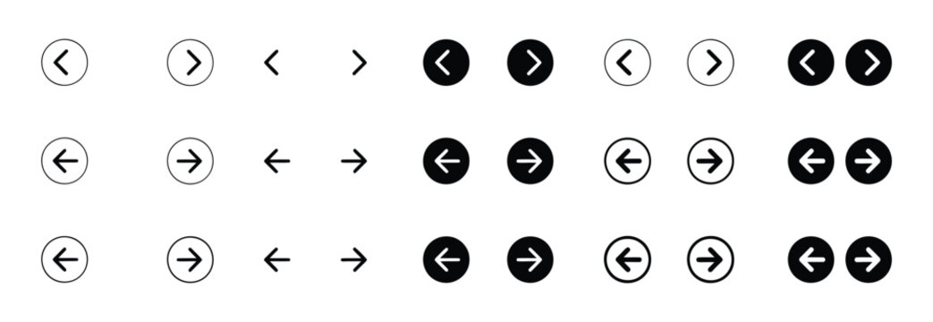 Arrow button icon set with next previous rounded navigation symbols, website slider app interface vector illustration. Arrow buttons icon set. Website slider navigation symbols.  
