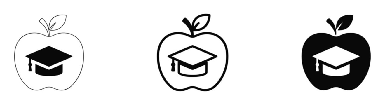 Black and white apple education icons with graduation cap vector illustration. Education icons with graduation cap on apple logo for school or university branding vector illustration.