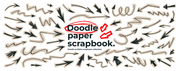 Scrapbook doodle arrows collection for collage social media design. Hand drawn vector torn paper shapes with doodle arrows. Cutout vintage paper scrapbook stickers. Vector like png clipart.