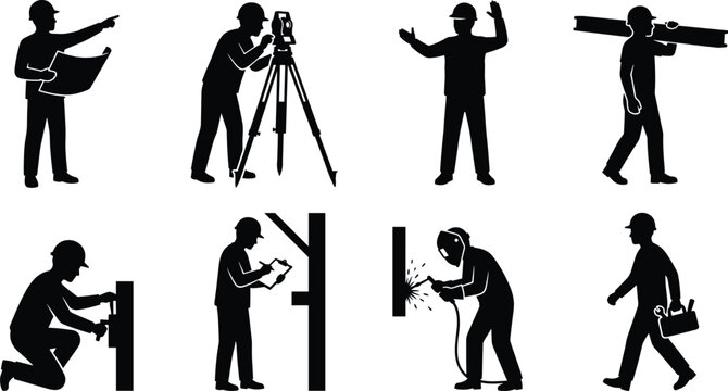 Construction workers and engineers silhouette icons set featuring builders surveying welding and carrying materials vector illustration