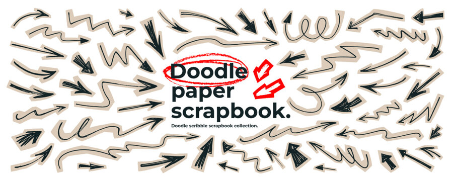 Scrapbook doodle arrows collection for collage social media design. Hand drawn vector torn paper shapes with doodle arrows. Cutout vintage paper scrapbook stickers. Vector like png clipart.