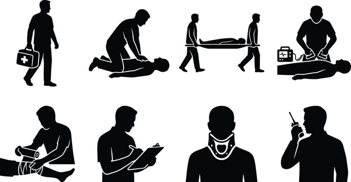 Emergency medical services and first aid icon set featuring paramedics performing CPR resuscitation and patient care silhouettes
