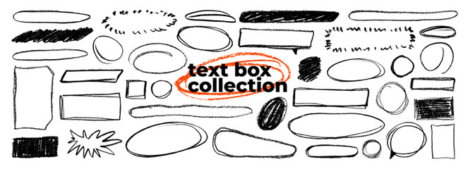 Obraz premium Crayon drawn text boxes and frames for notes and emphasize text. Hand drawn vector png clip art. Doodle pencil speech bubbles and balloons, rectangles with scribble shapes. Vector chat boxes.