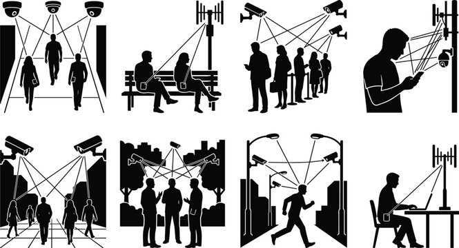 Mass surveillance and public monitoring icons set featuring people tracked by security cameras and technology vector illustration