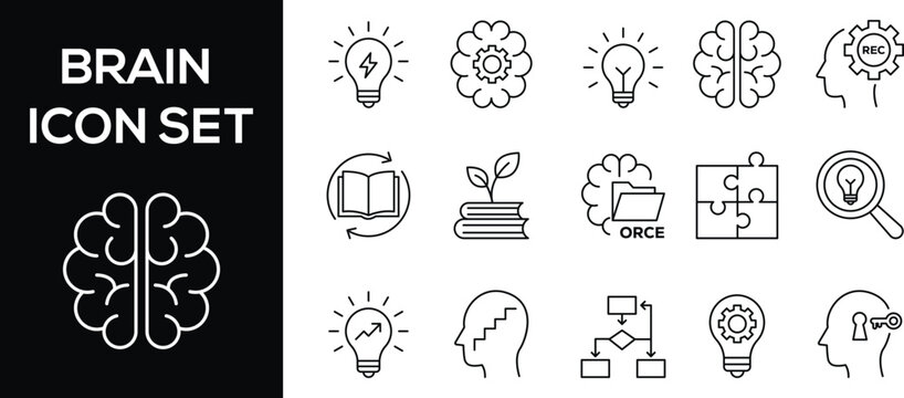 Brain Intelligence Mind Mapping and Creative Thinking Line Icon Set