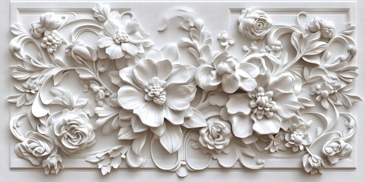 White Baroque Floral Wall Panel with Raised 3 D Flowers and Leaves