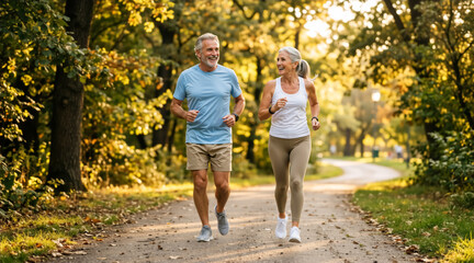 Fototapeta premium Senior couple jogging together in a sunny park. Older man and woman running on a path in nature. Active retirement and healthy lifestyle concept