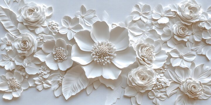 White flowers and leaves on white background floral arrangement