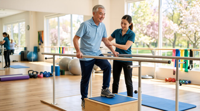 Smiling senior man doing walking exercises on parallel bars with a female physical therapist. Older patient recovering mobility in a bright rehabilitation clinic. Healthcare and active aging concept