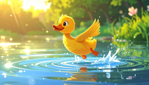 A cartoon yellow duck jumping into water.