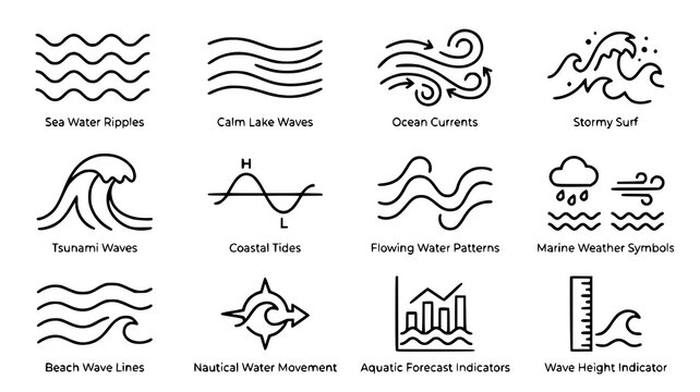 Ocean waves and coastal water movement line icon set with environment forecast measurement