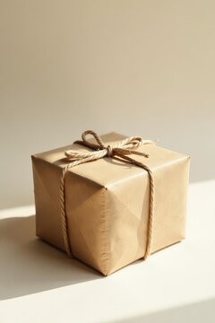 A simply wrapped gift box bathed in sunlight, showcasing a rustic and elegant aesthetic