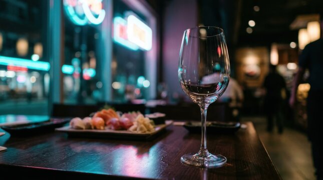 Medium shot of a single empty wine glass in sharp focus with blurred sushi platter and neon reflections creating a moody cyanmagenta ambiance in a sleek urban restaurant