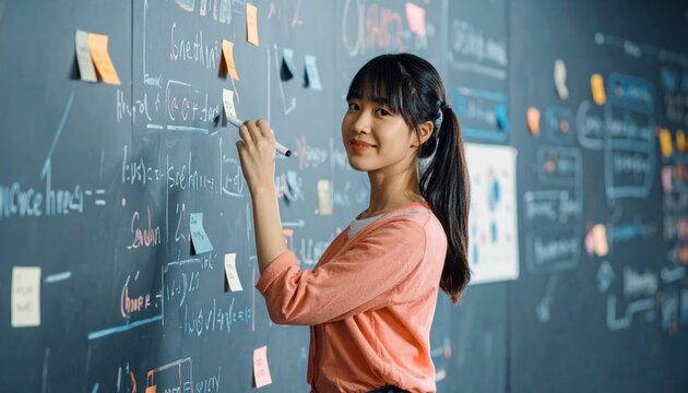 Young woman smiles while writing on a dark board filled with equations and sticky notes