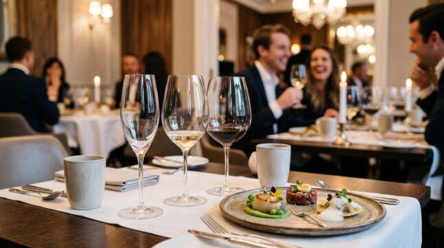 Closeup of pristine empty glasses in sharp focus beside an artfully plated tasting trio while gently blurred guests create a sophisticated Michelin dining ambiance