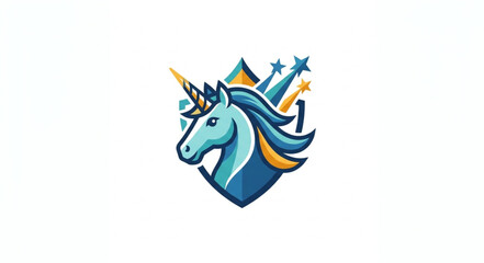 Magical Unicorn Head Emblem with Stars and Shield. © Riki