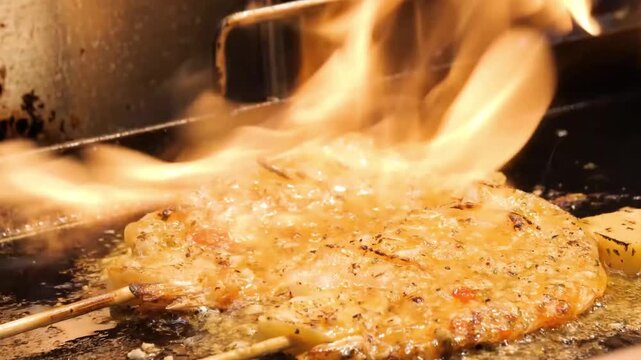 A professional chef expertly prepares a savory Japanese pancake (Okonomiyaki) on a hot iron griddle. The footage captures the intense heat and culinary artistry as high flames burst from the pan durin