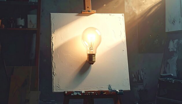 A glowing lightbulb on canvas in an art studio, illuminated by natural light